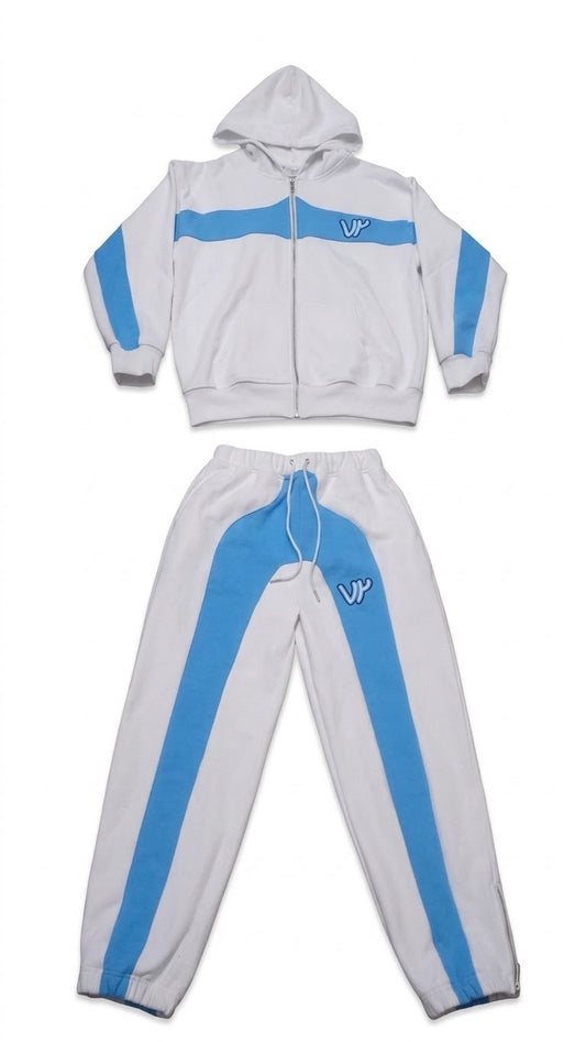 Ensemble coton bi-color VENYCE — coloris bleu et blanc, sweat zippé et jogging