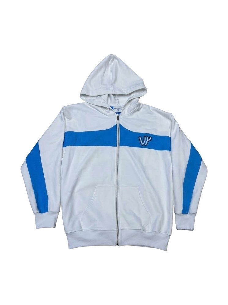 Sweat zippé coton bi-color VENYCE — face, coloris bleu et blanc, monogramme VY brodé