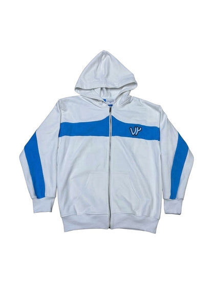 Sweat zippé coton bi-color VENYCE — face, coloris bleu et blanc, monogramme VY brodé