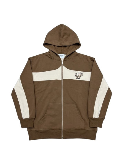 Sweat zippé coton bi-color VENYCE — face, coloris marron et écru, monogramme VY brodé