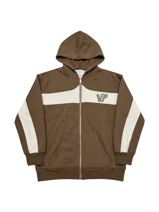 Sweat zippé coton bi-color VENYCE — face, coloris marron et écru, monogramme VY brodé