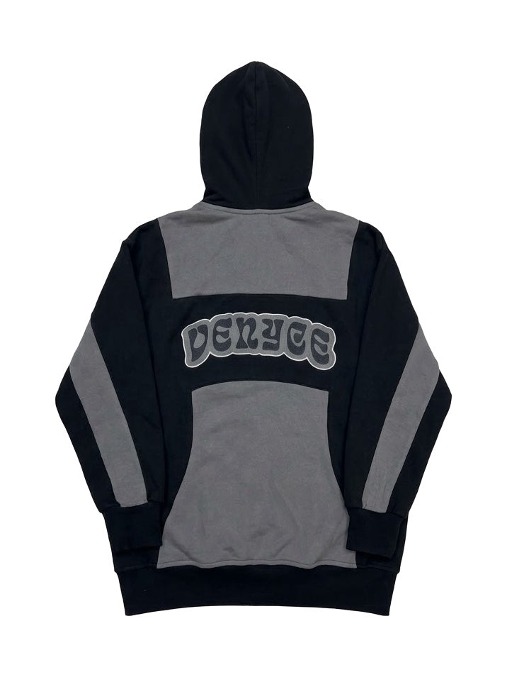 Sweat zippé coton bi-color VENYCE — dos, coloris noir et gris, lettrage VENYCE brodé