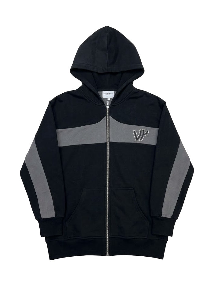 Sweat zippé coton bi-color VENYCE — face, coloris noir et gris, monogramme VY brodé