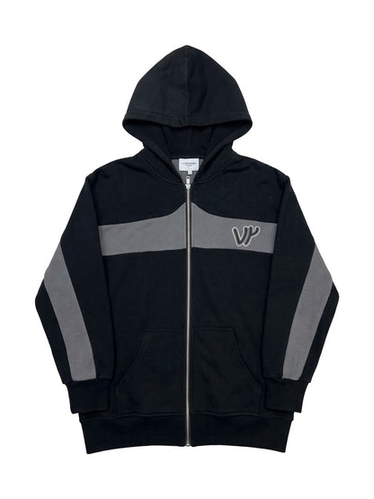 Sweat zippé coton bi-color VENYCE — face, coloris noir et gris, monogramme VY brodé